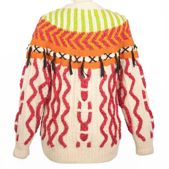 NOVO Vintage 1980s Hand Knit Wool Sweater Med Bold Neon Geometric Pattern - Picture 3 of 9